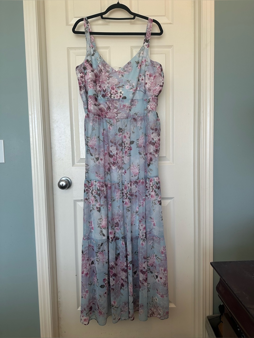 RACHEL Rachel Roy Sky Blue and Pink Floral Tiered Maxi Dress